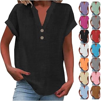 Linen Shirts for Women - Plus Size Cotton Linen Shirts Short Sleeve Button V Neck Blouses Dressy Summer Fashion Tunic