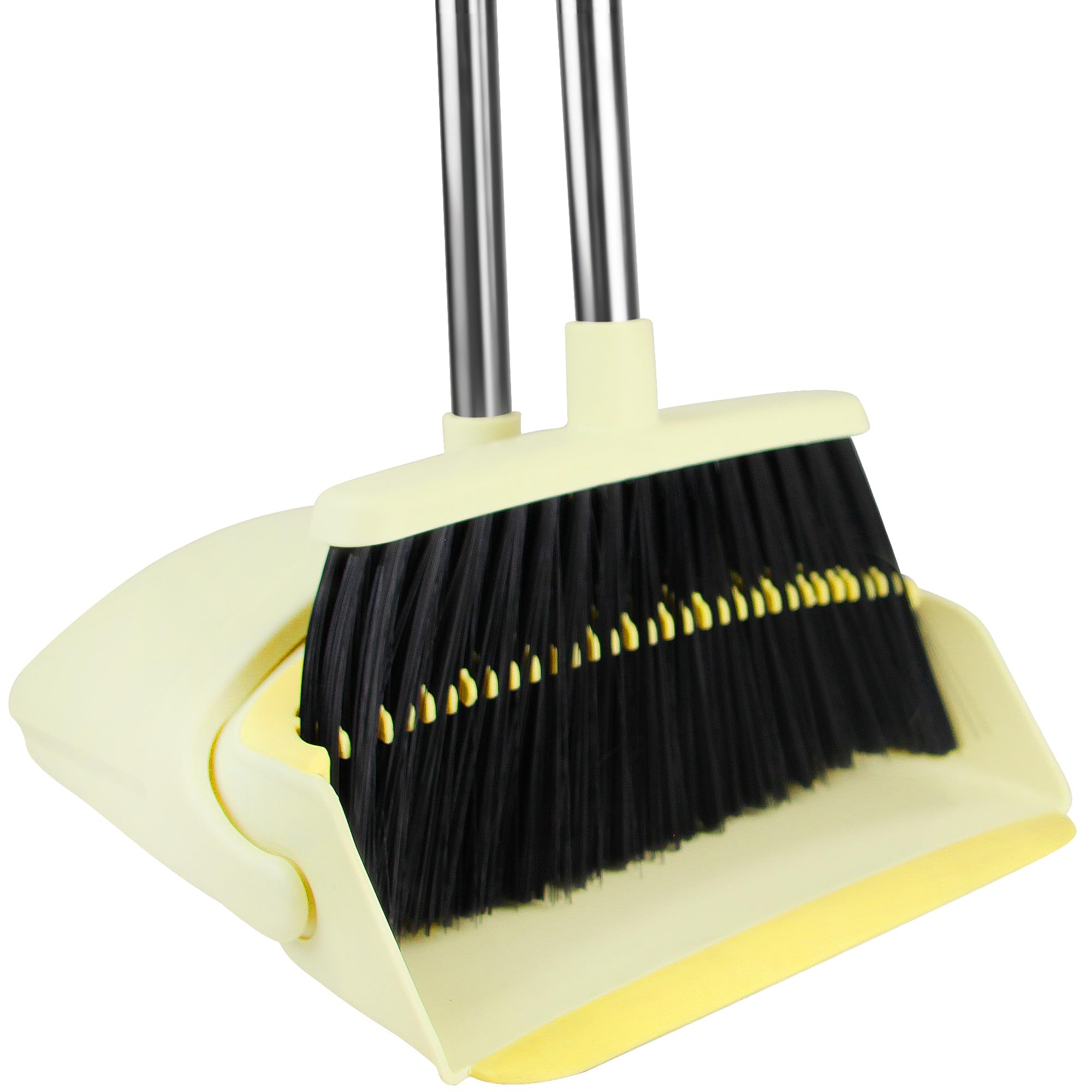 BSKLIN Broom and Dustpan Set for Home, 52" Long Handle Broom Set with Dustpan Teeth to Clean Hair Sweeping Indoor and Outdoor (Yellow)