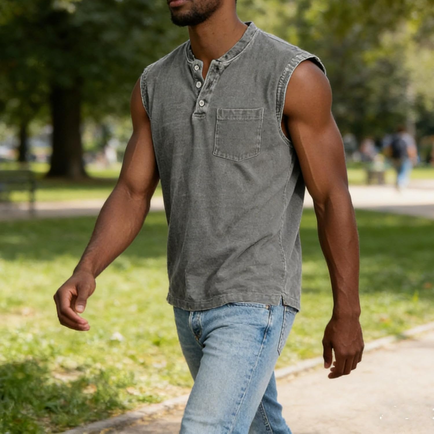 Mens Tank Vintage Button Sleeveless Sports Henley Shirts Summer Cotton Casual Classic Solid Beach Tops with Pocket - Image 5