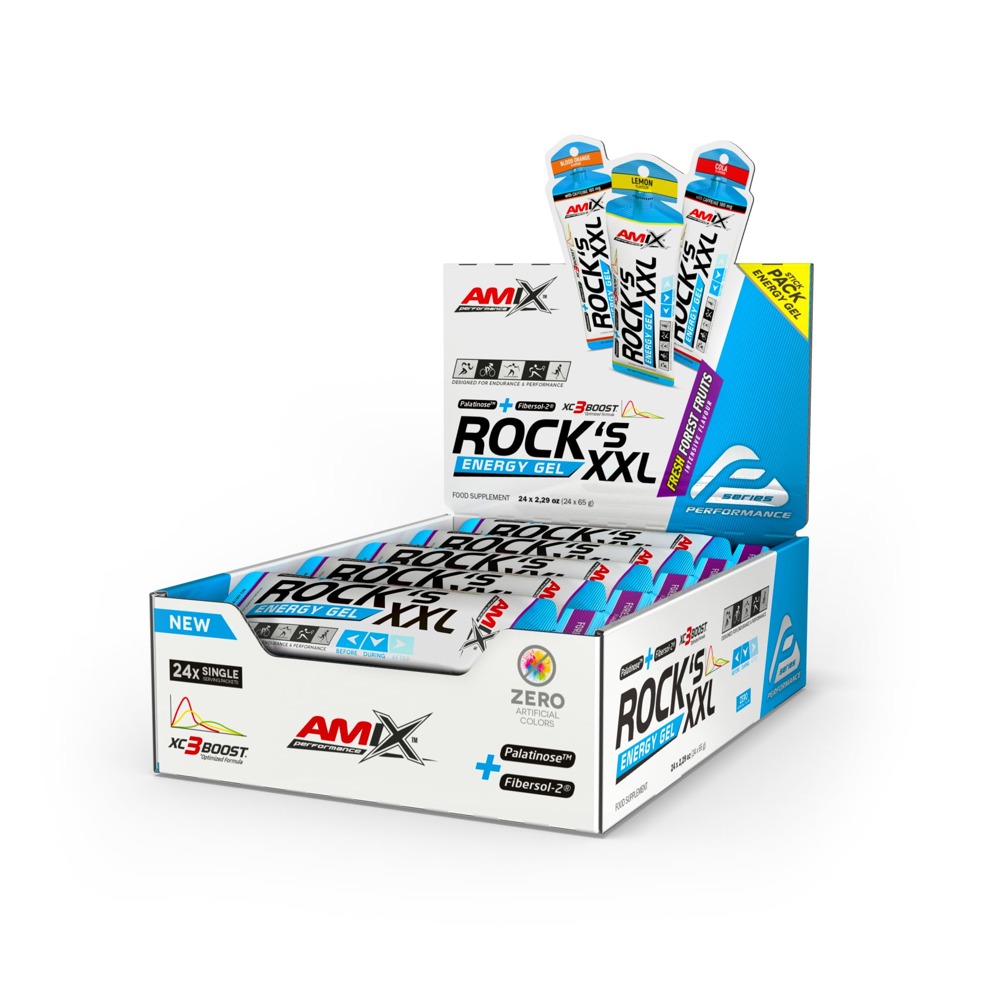 Amix™ Rock‘s Energy Gel XXL – Gel Energético con Carbohidratos, Minerales y Vitamina C – Sin Cafeina - Fuente Rápida de Energía para Deportista - Sabor Frutas del bosque – 24 x 65 g