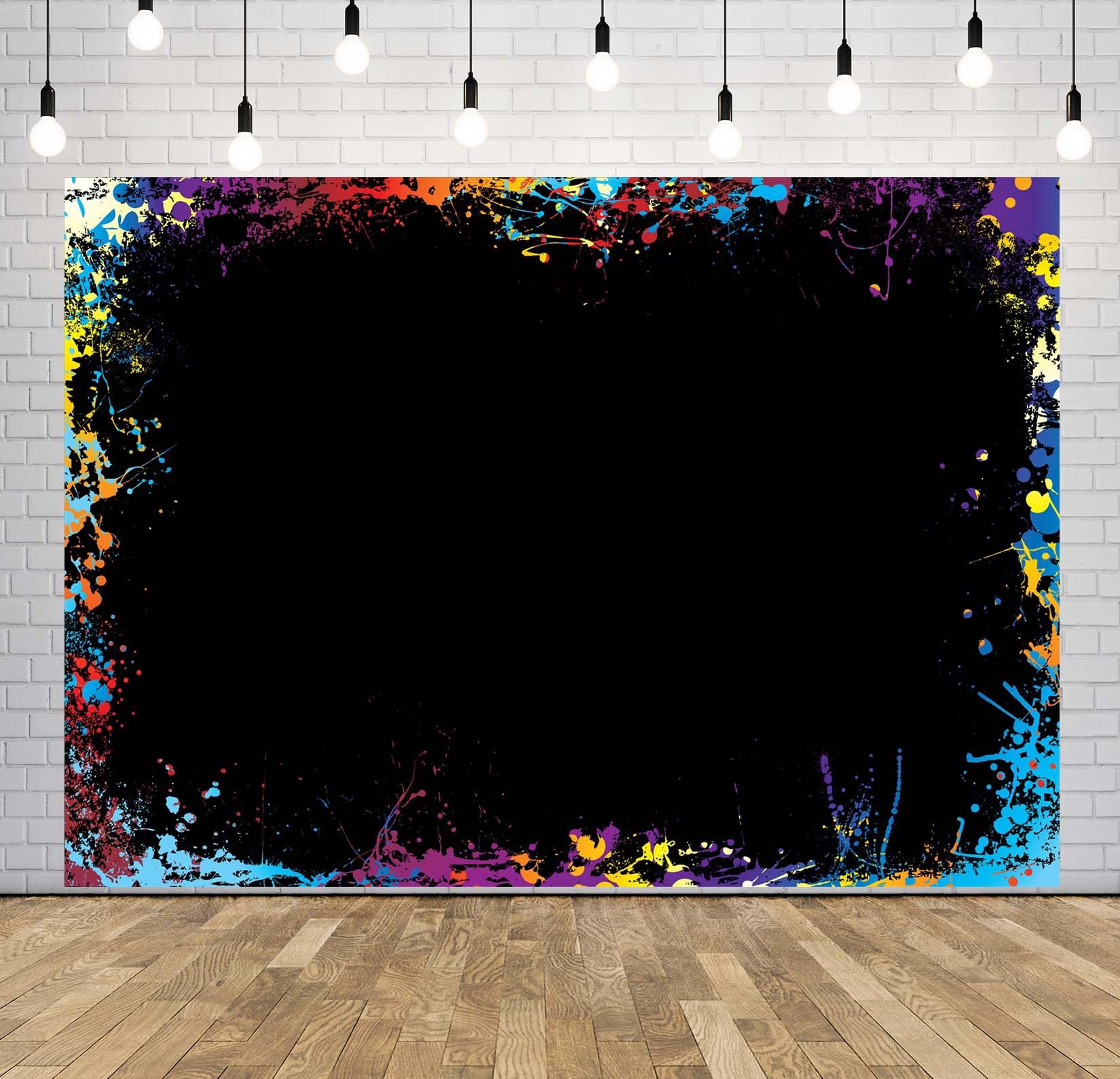 BELECO 6x3m Telo sfondo schizzi di vernice | Schizzi pittura arcobaleno arte graffiti sfondo nero festa anni 80 90 banner accessori studio foto