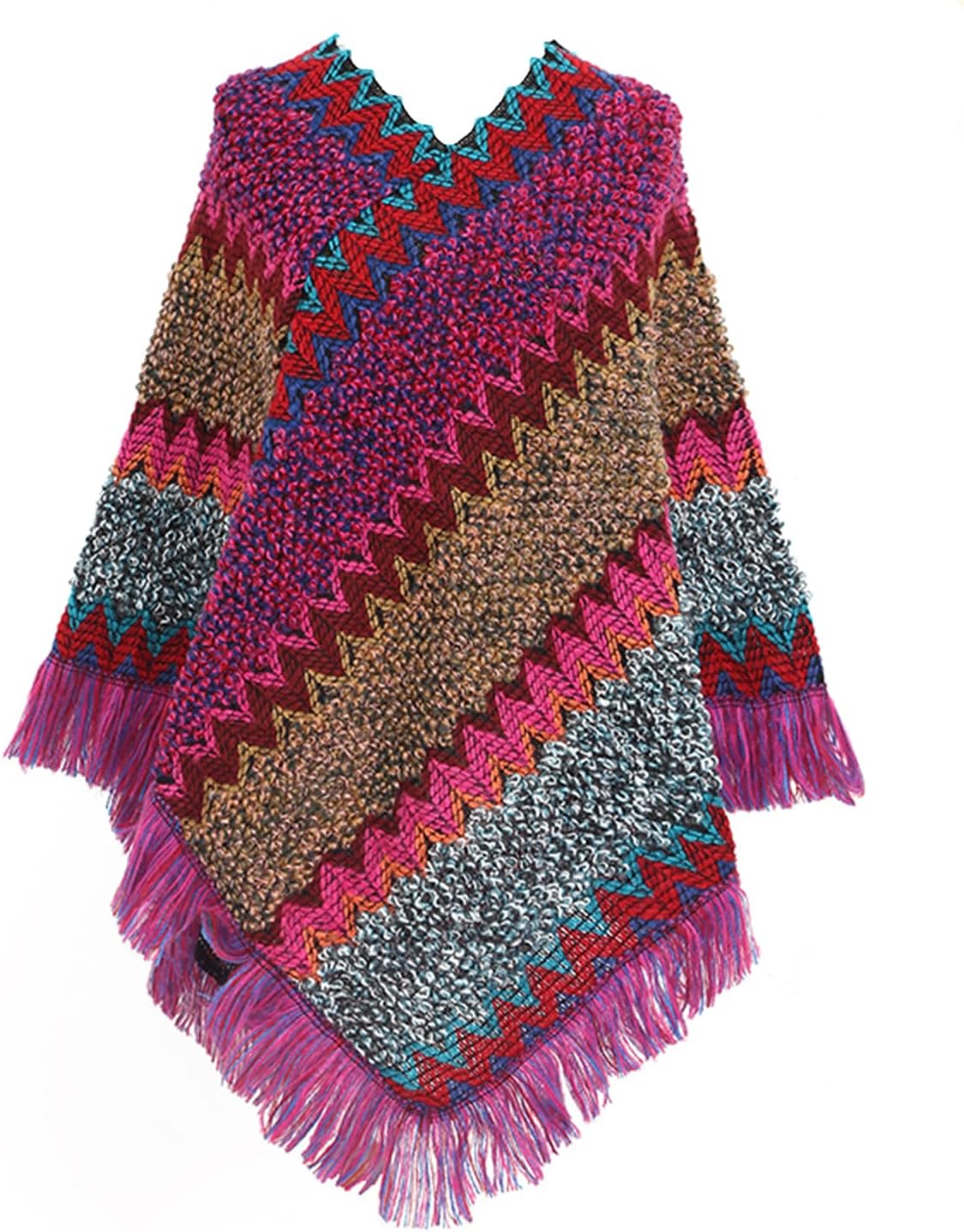 Jdlsppl Women's Poncho Sweater Zig Zag Knit Mexican Poncho Wrap Fall Hippie Soft Fringe Crochet Shawl Asymmetrical Cape