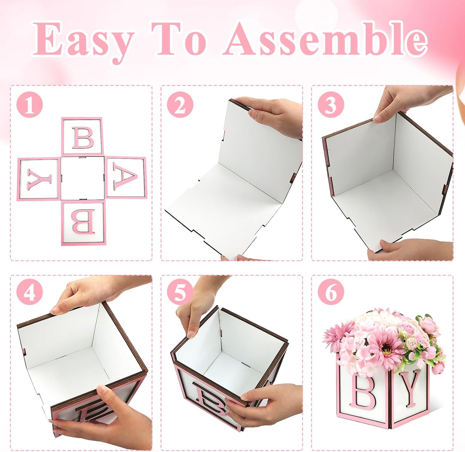 Baby Shower Centerpieces for Table - 4 Set of Wood Boxes with Baby Letters 6 x 6 inch Cube Planter Vase Baby Blocks for Boys Baby Shower Gender Reveal Favor - Pink