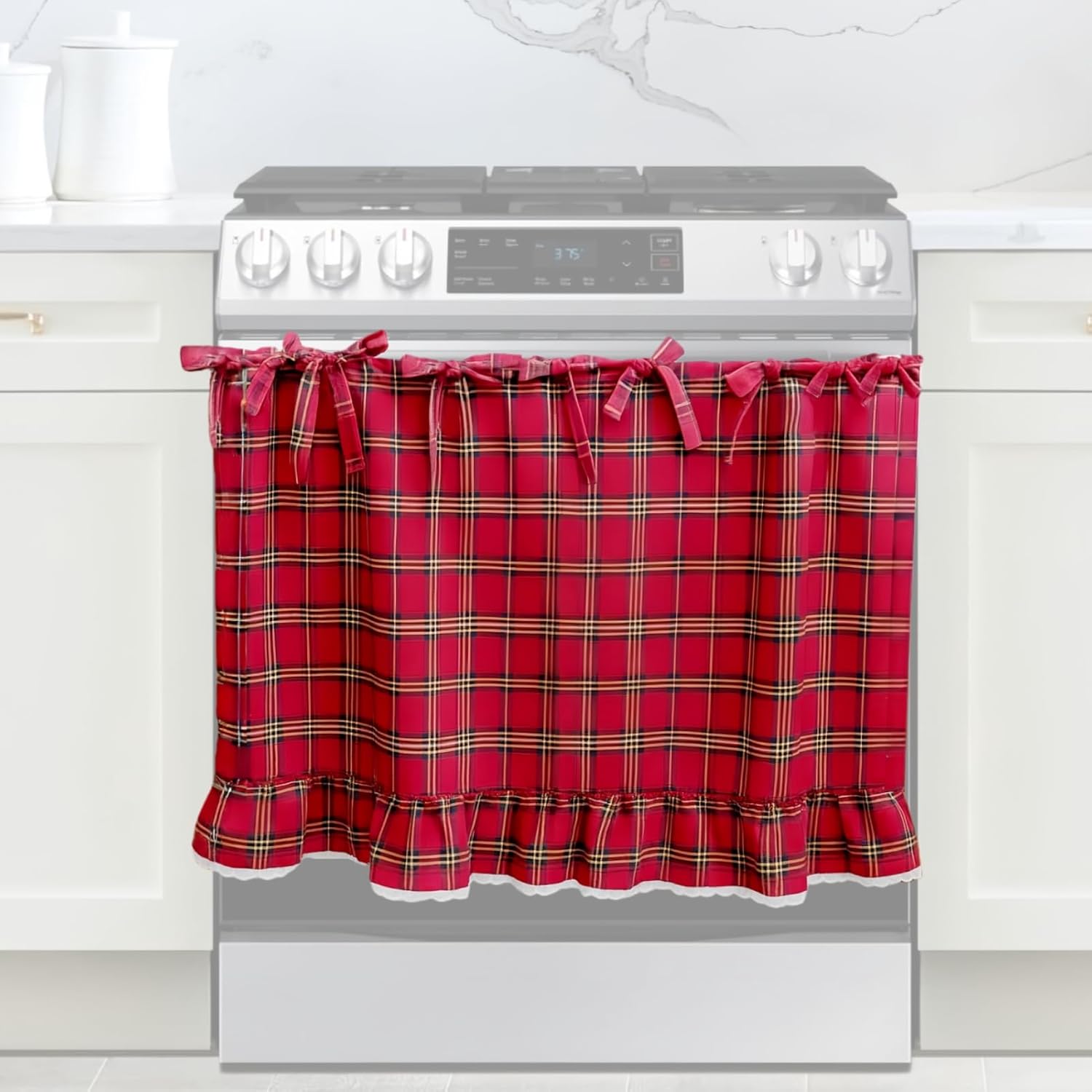 Beige and White Check Oven Skirt for Farmhouse Kitchen Decor, Cotton Blend Stove Cover Skirt with Lace Trim & 9 Ribbon Ties, Rustic Decorative Oven Door Curtain for Cottage Kitchen Decor