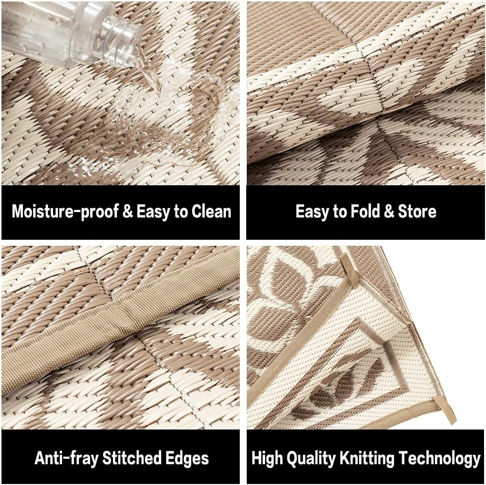 PureCozy Outdoor Plastic Straw Rug Beige Brown Large Outside Waterproof Outdoor Patio 5x8 Carpet Geometric Reversible Mat Modern for Camping RV Porch Deck Balcony Beach