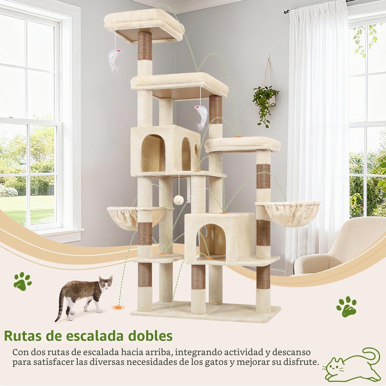 Globlazer Árbol Rascador para Gatos Grande Beige 189 cm Alto con 2 Nidos Grandes 45*30CM, 3 Plataforma Acolchada, 2 Cesta, Juguetes de Peluche, Estable Rascador para 3-5 Gatos Interior (F74F, Beige)