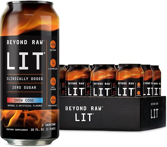 GNC Beyond Raw LIT Pre Workout Energy Drink, Snow Cone, 12 Pack | Clinically Dosed with Caffeine, Beta-Alanine, and L-Citrulline to Fuel Energy, Endurance, and Muscle Pumps, Zero Sugar (ASIN B0FMT8FF2Q), rank #10 by monthly sales volume for 'Lit' on Amazon
