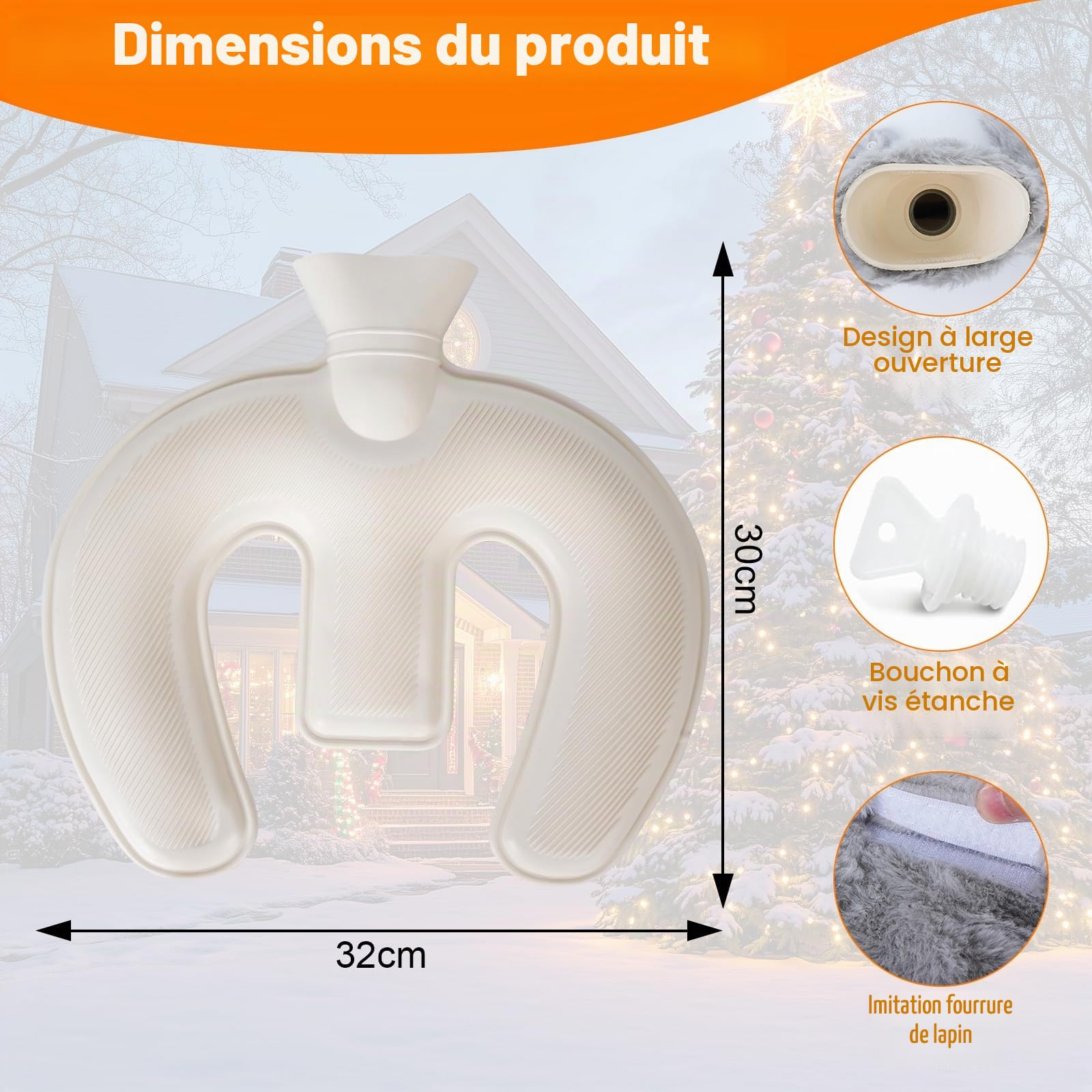 LURICO Bouillotte en Forme de U, Sac à Eau Chaude de Noël, Bouillotte de 1 L avec Housse en Polaire Amovible, PVC Sac à Eau Chaude pour Douleurs au Cou, au Dos et Aux épaules, Cadeau d'hiver (Gris)