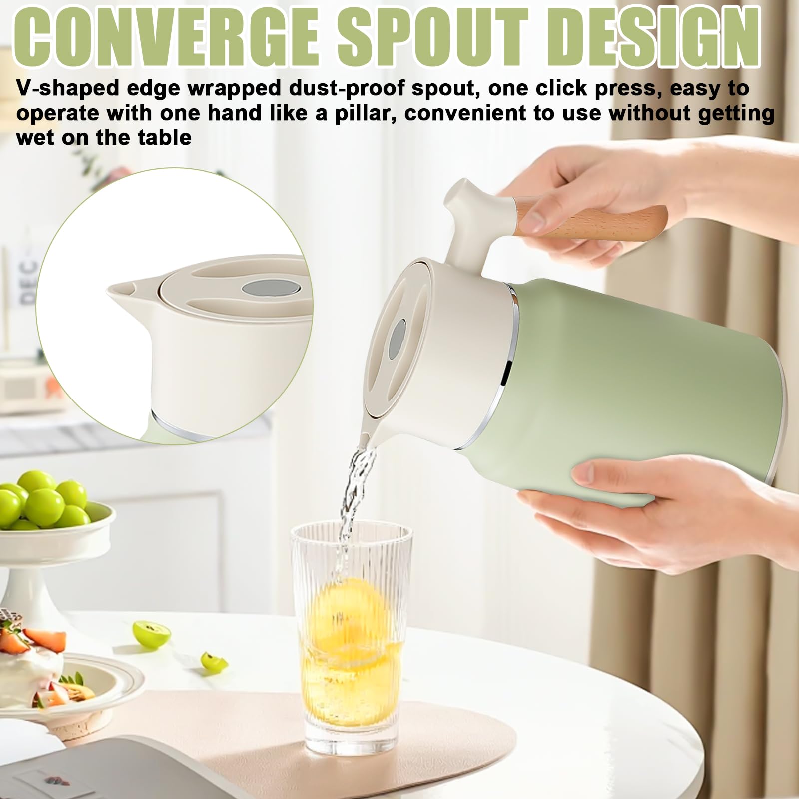 Cafetière isotherme en acier inoxydable de 1,5 l - Double paroi d'isolation sous vide - Avec poignée aspect bois - Pour eau, café, thé, boisson (blanc + vert)