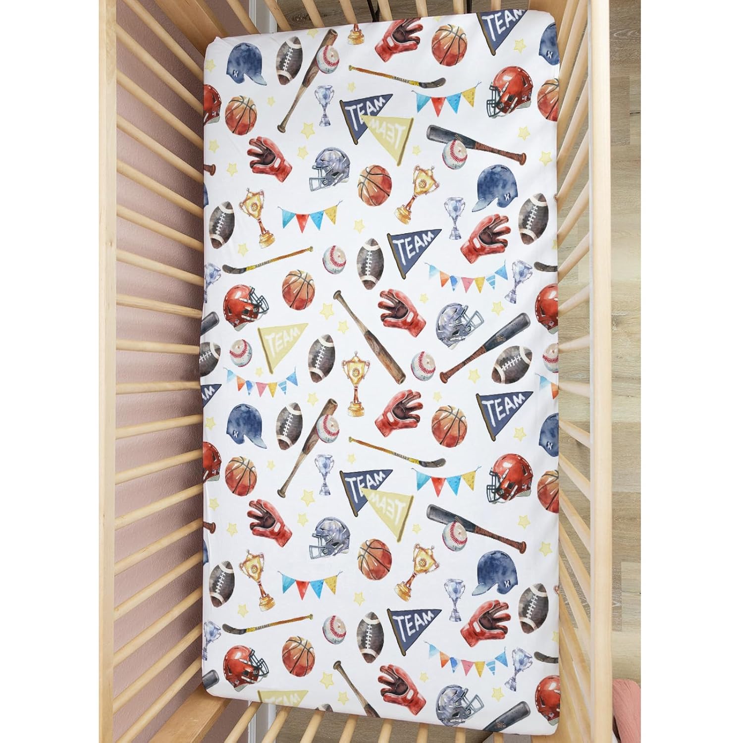 American Football Baby Fitted Crib Sheets 1 Pack Unisex Sports Basketball Baseball Standard Crib and Toddler Mattress Boy Sports Fan Crib Sheets Nursery Bed Sheet Neutral 28''×52' White One Size