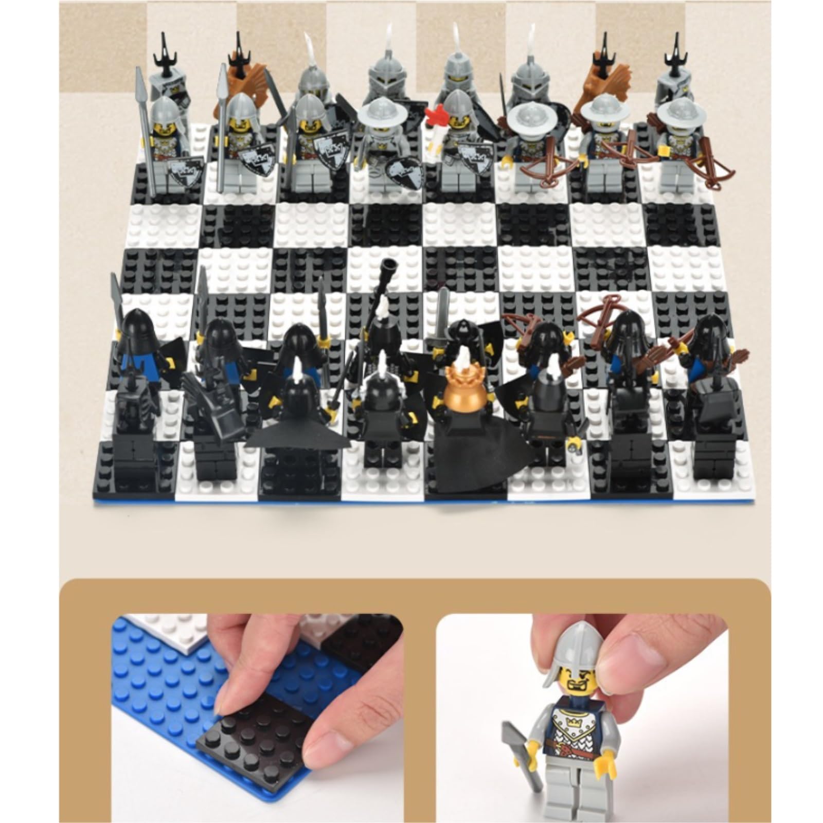 Gioco di scacchi fai da te con mattoncini, Cavaliere d'oro contro Cavaliere scheletro, classico gioco educativo for le capacità cognitive scacchiera portatile(01)