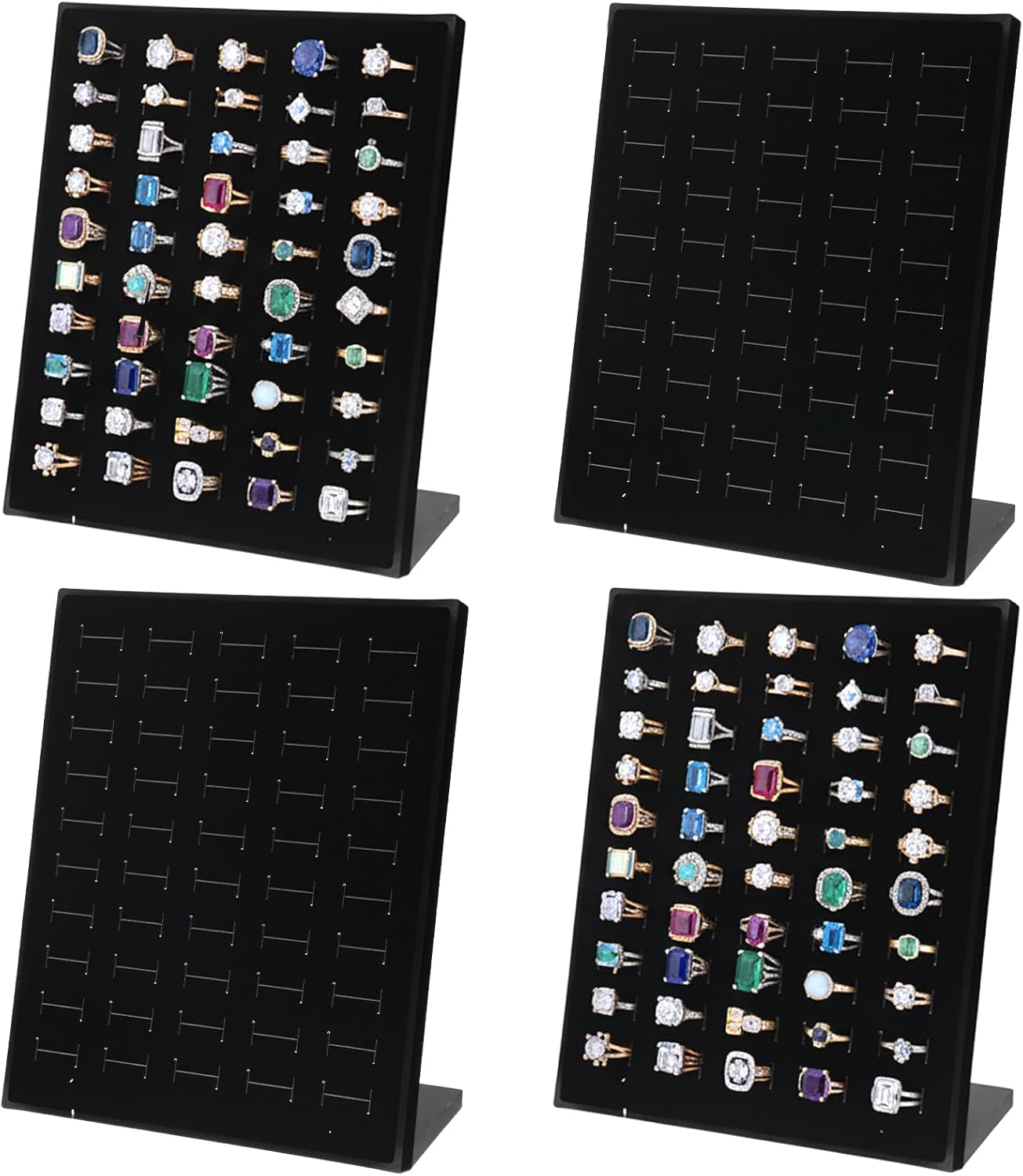 4 Pack Velvet Ring Display Stand with 200 Slots (50 Slots/Pack), L-Shaped Jewelry Organizer Tray for Selling Rings & Earrings – Black