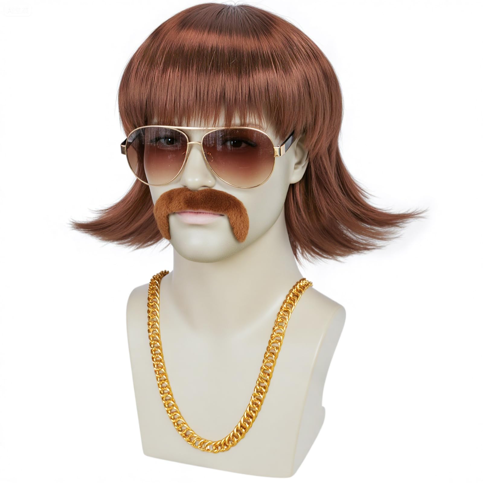 BEKIDER 5PCS Disco Wig Set (Glasses+Chain+Mustache+Hair Cap) 70s Wigs for Men Retro 80s Outfit Shaggy Brown Wigs Mens Wig 70s Outfits Halloween Party Costume - Image 3