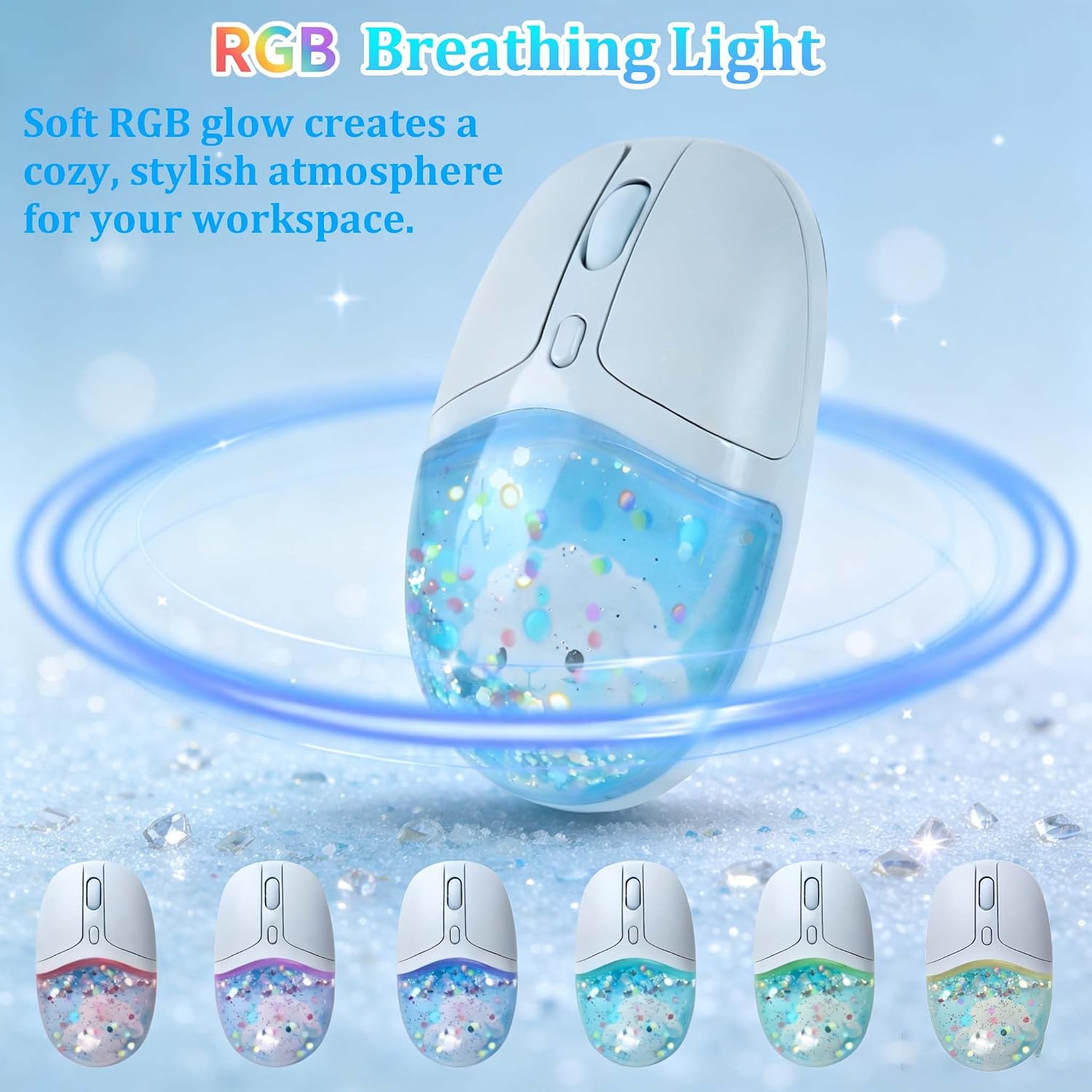 Wireless Bluetooth Mouse,Glitter Liquid Sand & Cute Lamb Pattern Design,Rechargeable Silent Retro Aqua Water Mouse,5 Adjustable DPI with RGB LED Light,for Laptop PC Tablet MacBook,Kid Adult Gift-Blue image 3