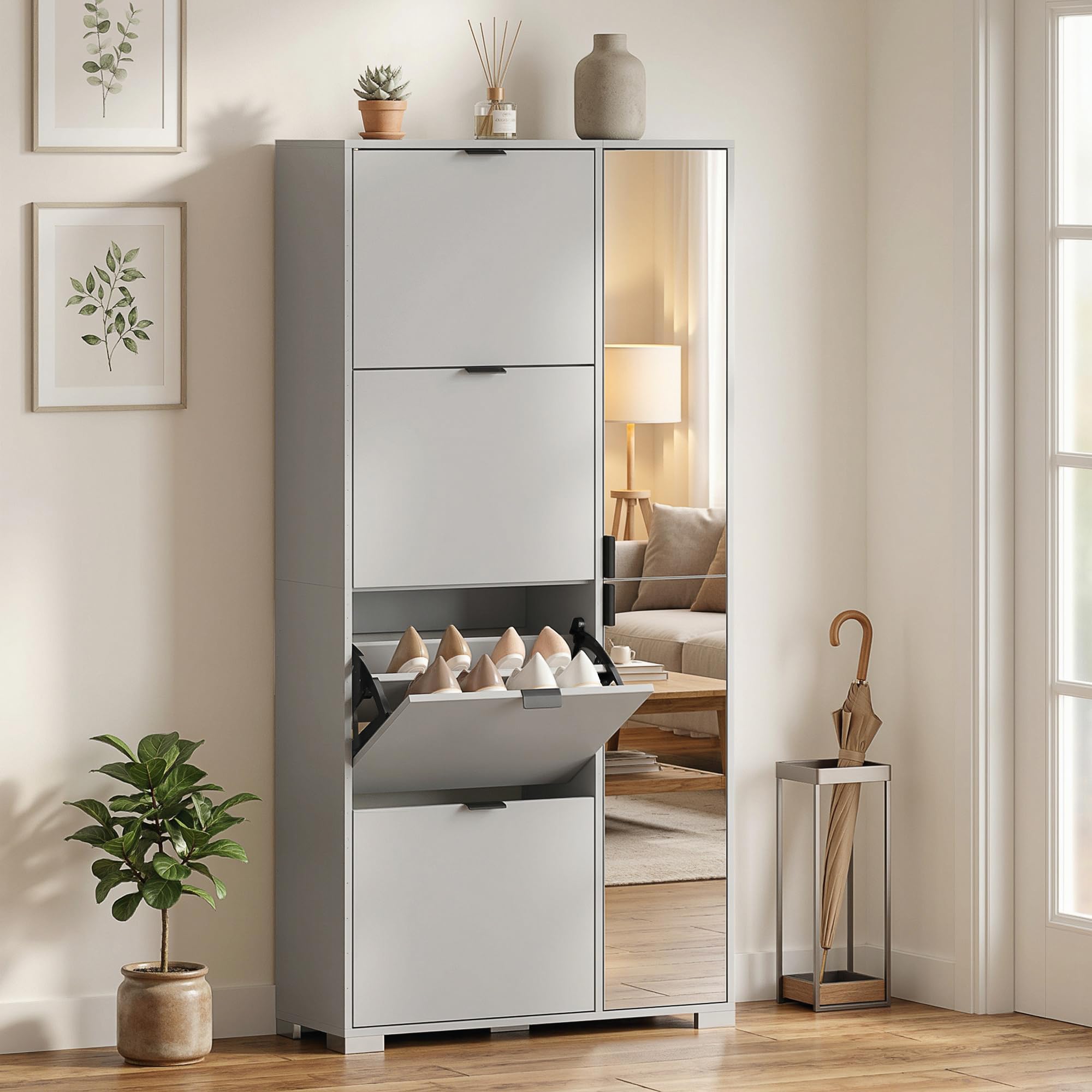 HOMCOM Scarpiera Salvaspazio Slim Alta con 2 Ante a Specchio e 4 Ante a Ribalta, Scarpiera Ingresso con Ripiani Regolabili, 2 Armadietti, 5 Gambe, Porta Scarpe per 16 Paia, 82x30x168 cm, Grigio