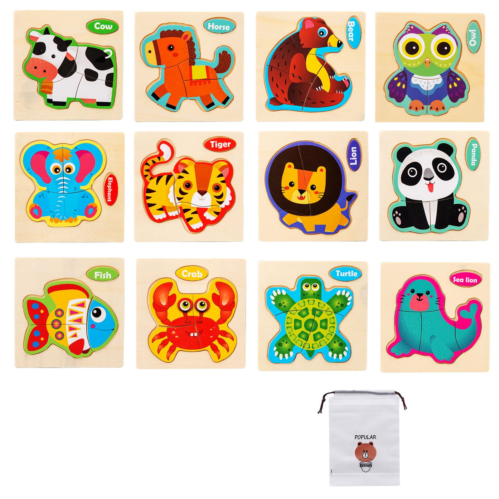 Puzzle Madera,12 Piezas Puzzle Madera Niños,Rompecabezas Animales,Juguetes Niños 1 2 3 Años,Juguetes Montessori,Juegos Educativos,Regalo de Cumpleaños,Navidad