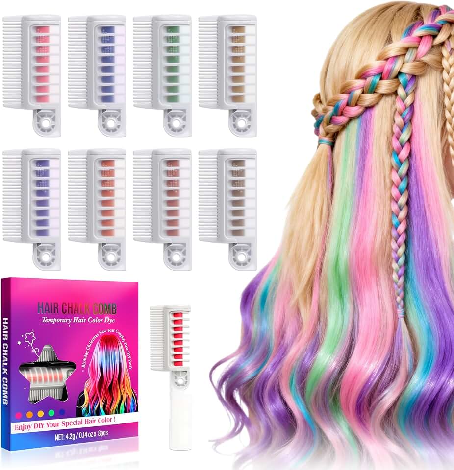 Pente de giz de cabelo, 8 cores, marcador temporário, para meninas, crianças, adultos, para festa de aniversário, Halloween, Natal, cosplay