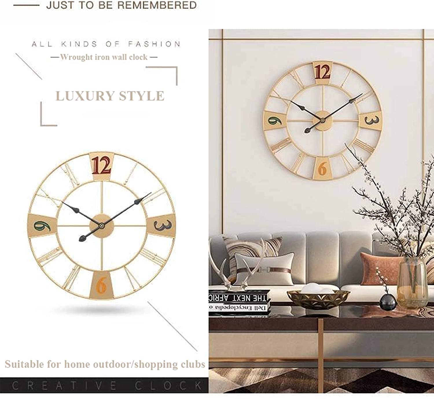 Zewnętrzny zegar ścienny ogrodowy, 68 cm, duży zegar ogrodowy w stylu retro, olbrzymi otwarta tarcza, rzym, wodoodporny zegar zewnętrzny, kute żelazo na zewnątrz (kolor: A)