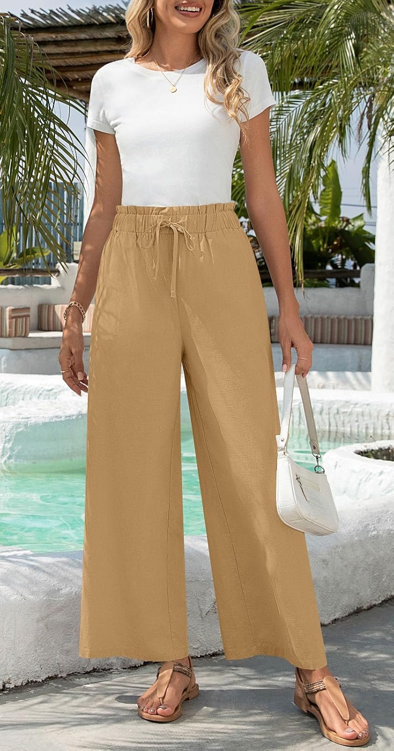Anyally Women's Linen Summer Palazzo Pants Casual Flowy Wide Leg Drawstring High Waist Beach Trousers with Pockets - Image 3