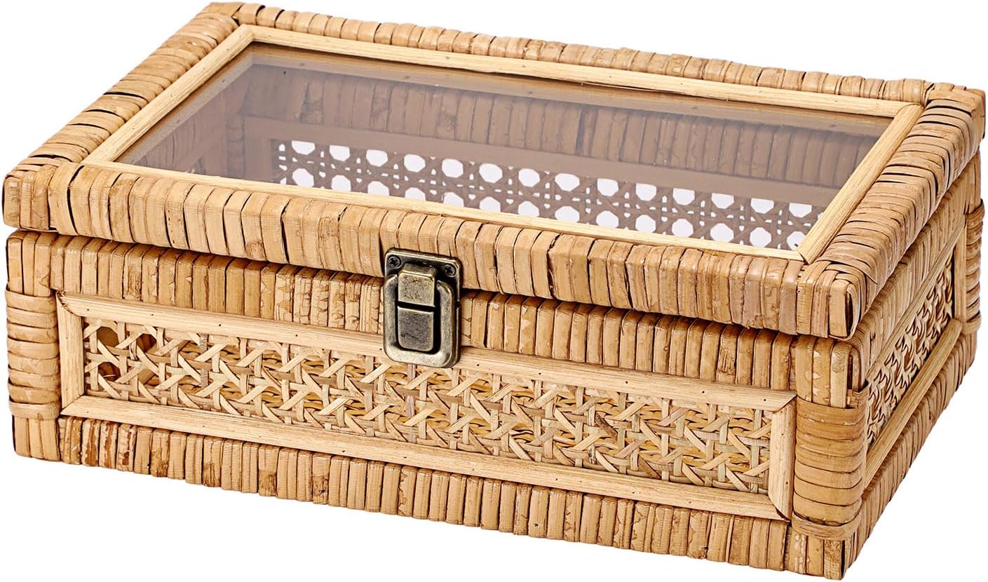 Rattan Box Rattan Decorative Storage Box with Lid Rectangular Wicker Rattan Basket Box for Shelf Rattan Box for Decor,11"L x 7.1"W x 4"H