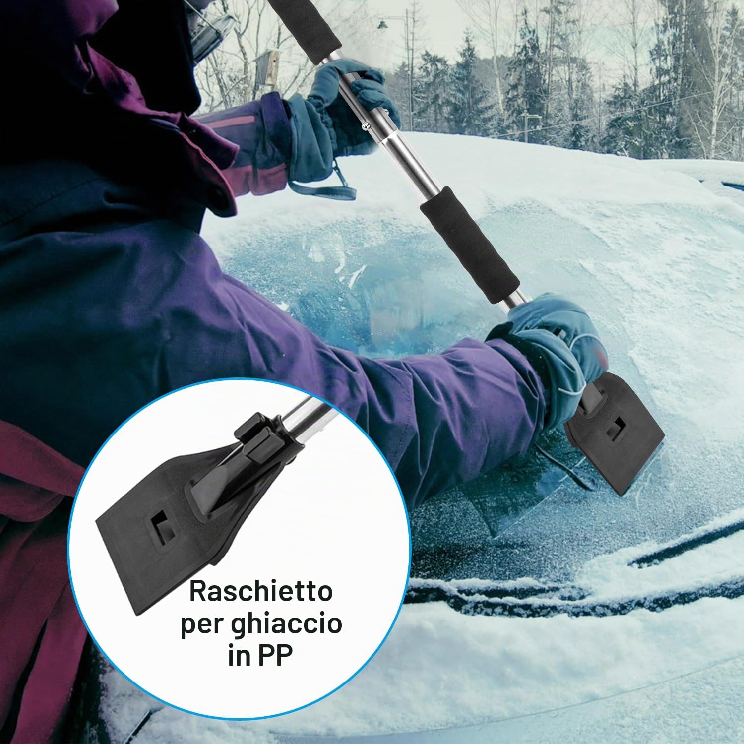 LESOLEIL Pala da neve per vialetto auto, kit 3 in 1 pala da neve portatile con raschietto per ghiaccio e spazzola da neve, rimozione del ghiaccio da neve, per giardino, campeggio, auto e emergenza