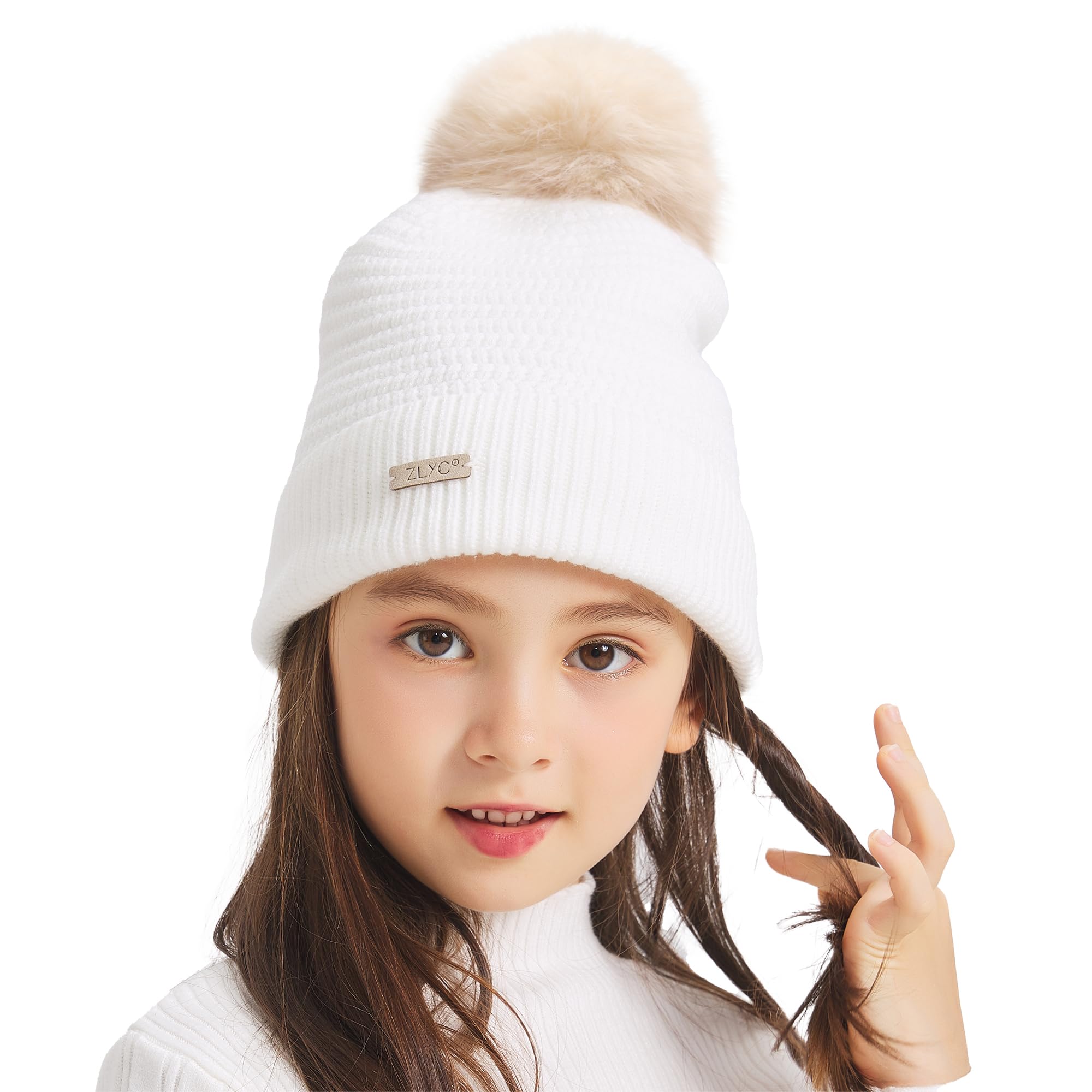 ZLYC Kinder-Wintermütze für Mädchen und Jungen, mit Bommel, mit Baumwolle gefüttert, Strickmütze