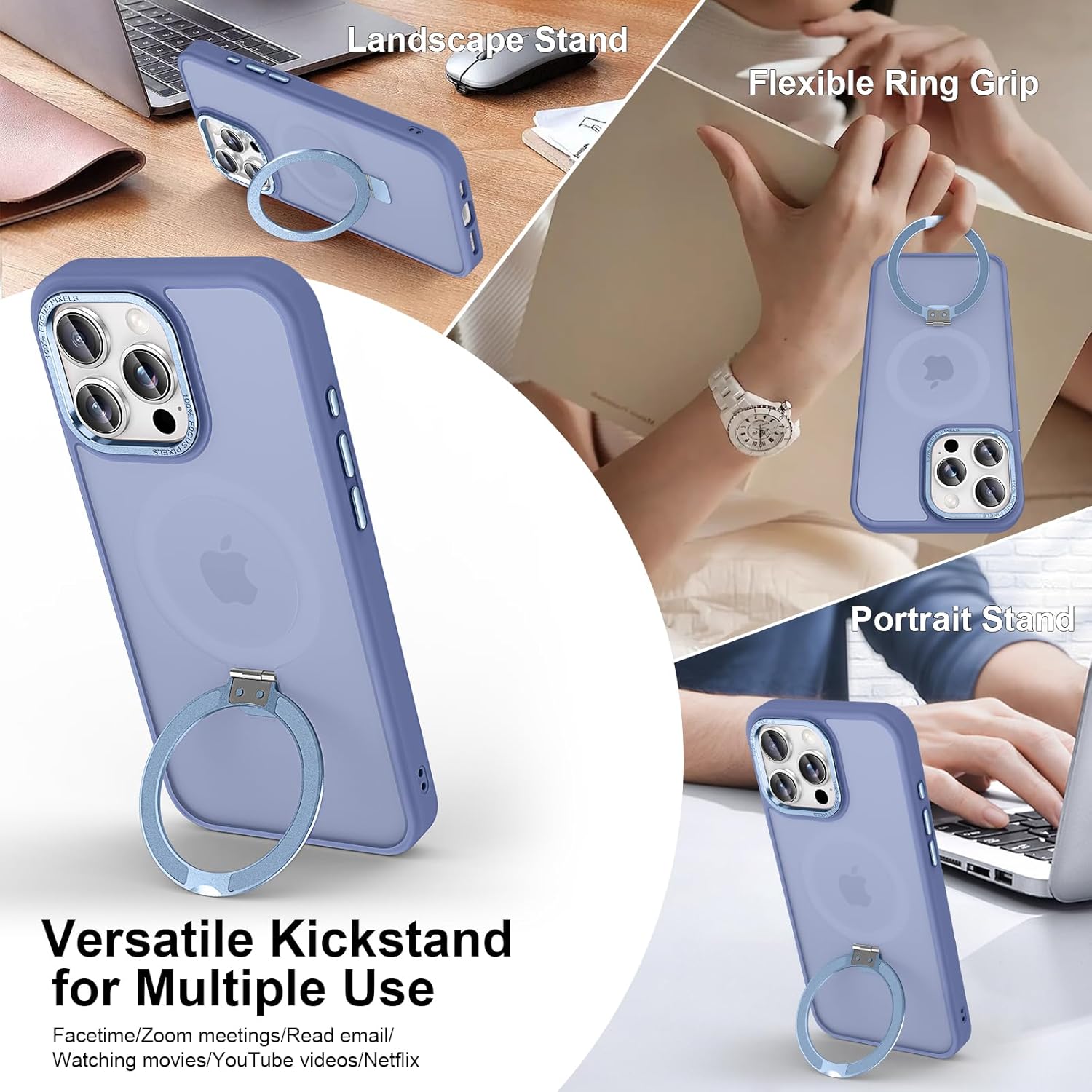 Magnetic for iPhone 15 Pro Max Case with Ring Stand, [10 FT Drop Protection] [Velvety Touch] Slim Translucent Matte Back Shockproof Phone Case for iPhone 15 Pro Max 6.7'', Sierra Blue - Image 3