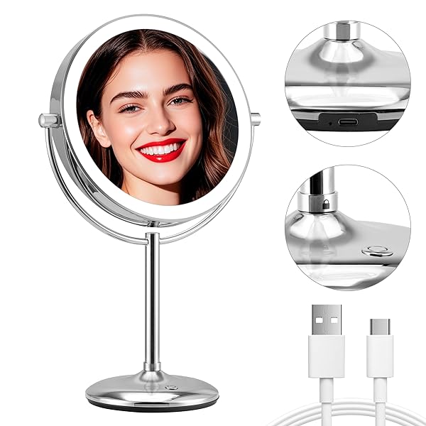 9" Makeup Mirror with Lights: 1X/15X Lighted Makeup Mirror with Magnification, True HD Magnifying Mirror with 3 Color Lights, 360Rotation Double Sided Desk Mirror, Base Charging & Touch Switch,Chrome
