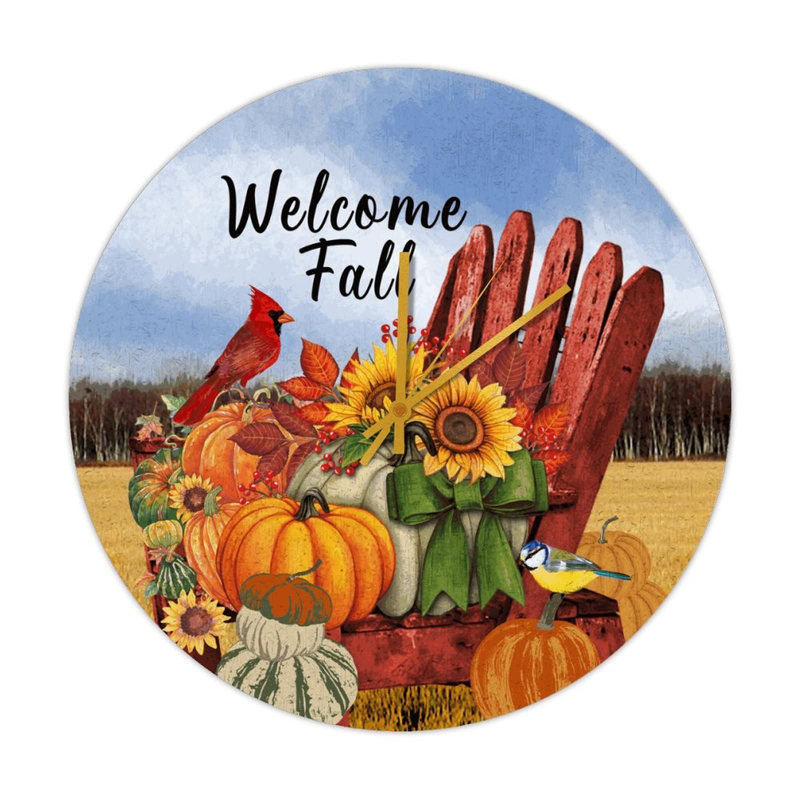 Horloge murale ronde en bois thème automne et Thanksgiving sans bruit