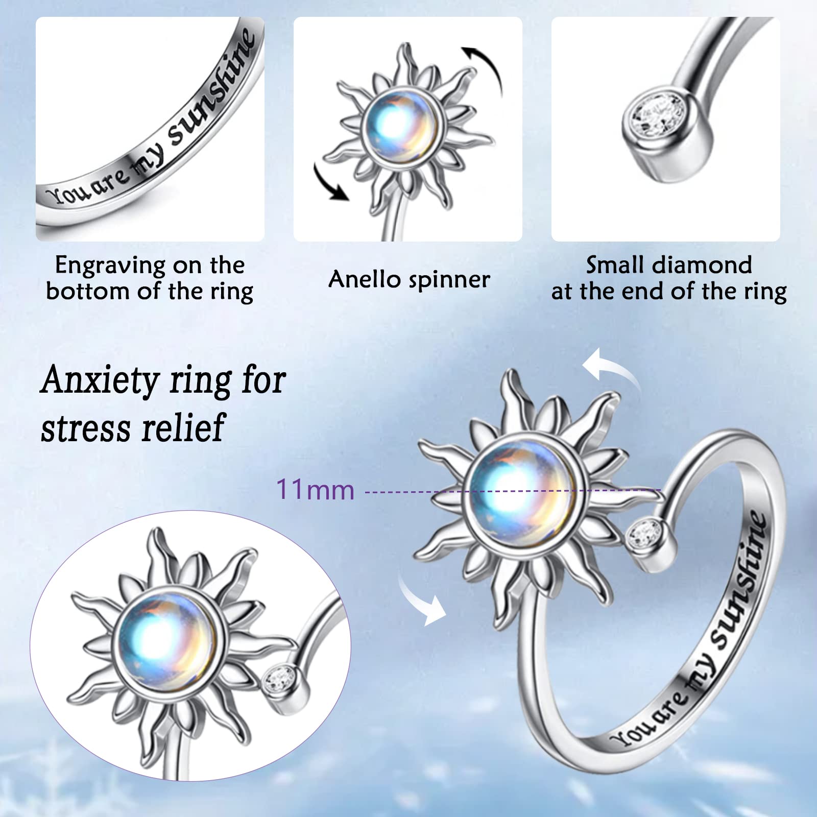 Fidget Ring dla kobiet i dziewcząt, otwarty, regulowany pierścień zwalczający stres, słonecznik, stokrotka, motyl, gwiazda, księżyc, pierścienie spinningowe