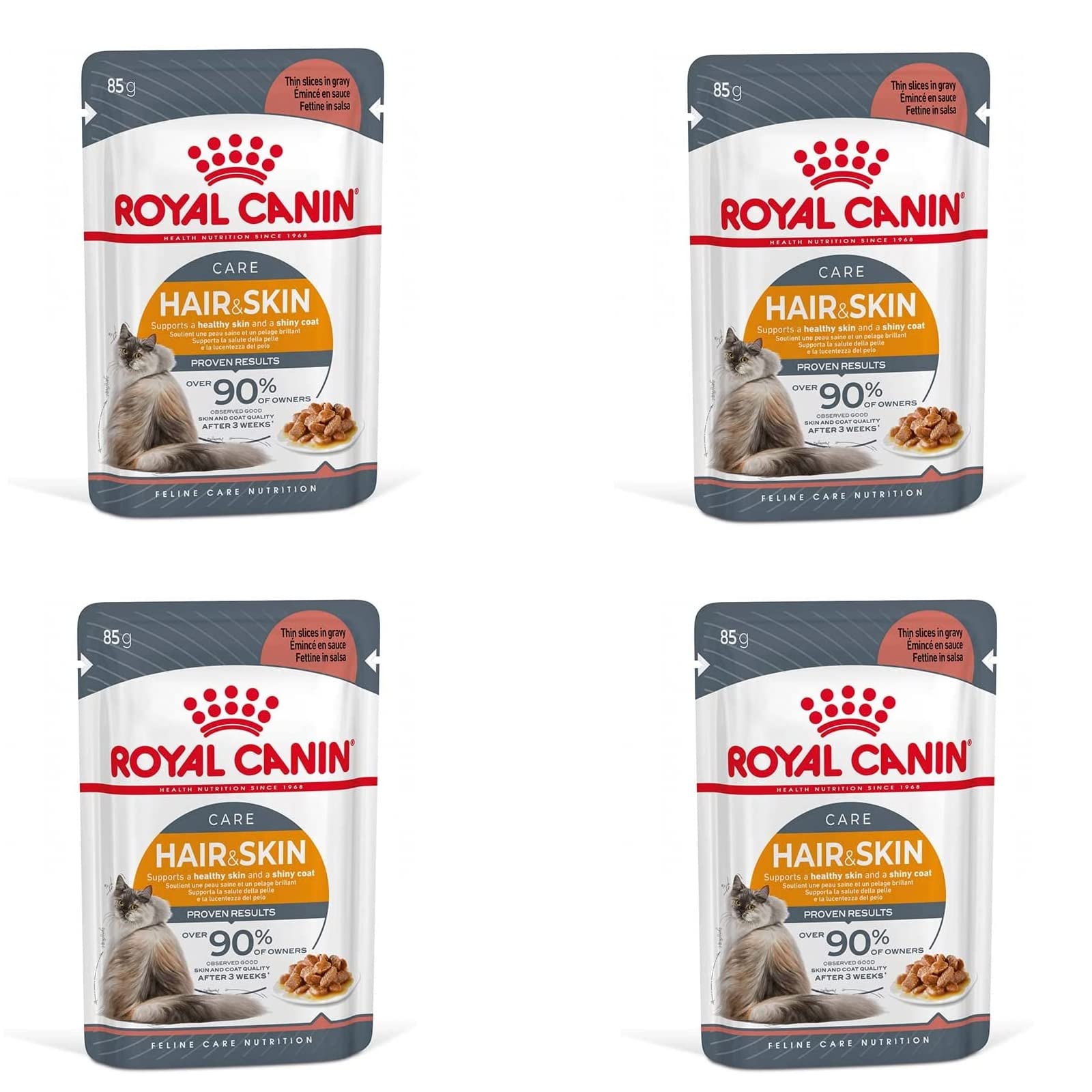 Royal Canin Hair & Skin Care Gravy | 4er Pack | 4 x 12 x 85g | Alleinfuttermittel für ausgewachsene Katzen | Feine Stückchen in Soße | Kann zu einem gesundes Fell beitragen