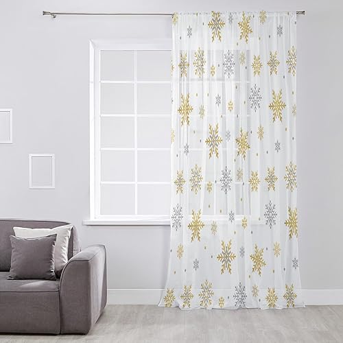 Miniatura 2 de Cortinas de ventana de copo de nieve dorado de 96 pulgadas de largo, cortinas de gasa semitransparentes con bolsillo para barra, cortinas de gasa