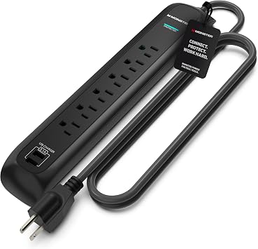 Monster Power Surge Protector w/ 1200 Joule Rating Heavy Duty 6 FT Surge Protector Power Strip w/ 6 120V Outlets, 2 USB-A Ports Fireproof MOV, Dual Mode, Clean Tech for Home & Office Black
