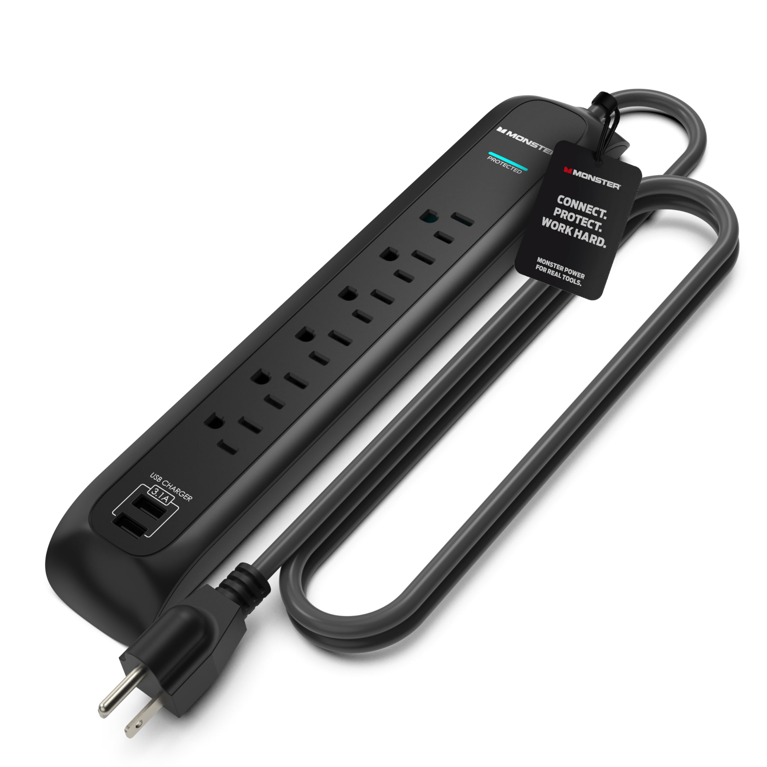 Monster Power Surge Protector w/ 1200 Joule Rating — Heavy Duty 6 FT Surge Protector Power Strip w/ 6 120V Outlets, 2 USB-A Ports — Fireproof MOV,