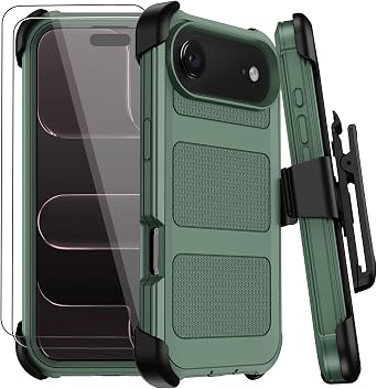 for iPhone Air Case with Belt Clip Holster & Kickstand,Military Grade Drop Tested Shockproof Heavy Duty Rugged Cover,w/2X Screen Protectors Defender Bumper Protective for iPhone 17 Air Dark Green
