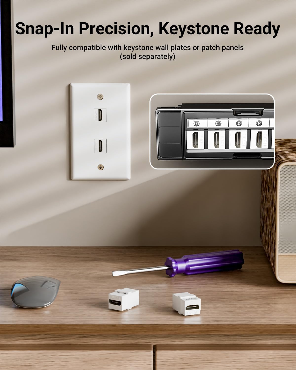 VCELINK 10-Pack 8K HDMI Keystone Jack with 8K 60Hz and 4K 120Hz, HDMI 2.1 Female to Female Adapter 48 Gbps, Snap-in 180 Degree Angle Connector for Wall Plate, Gold Plated, White