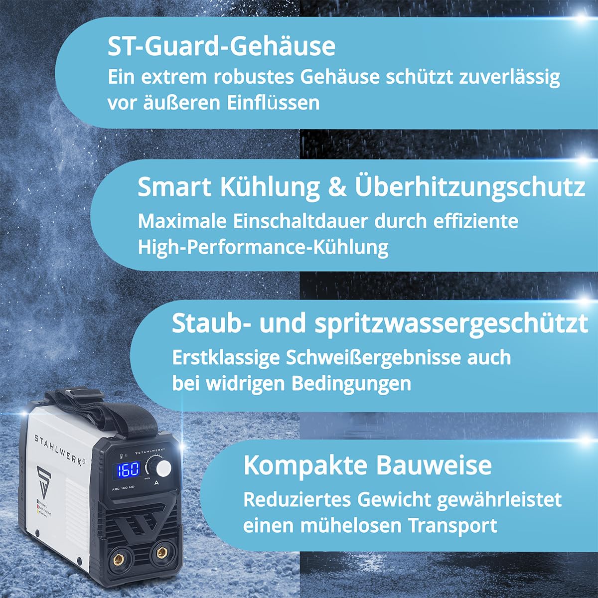 STAHLWERK Elektroden-Schweißgerät ARC 160 MD – Vollausstattung – MMA (E-Hand) bis 160 A, flexibel einsetzbar ohne Gas, kompakt & leicht, DC WIG erweiterbar, Hotstart, Anti-Stick, Smartkühlung