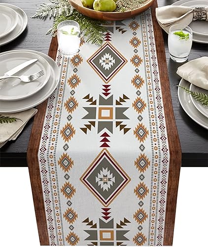 Southwest - Camino de mesa bohemio de algodón y lino de 48 pulgadas, bufandas de tocador, vintage, bohemio, nativo americano, tribal, geométrico,