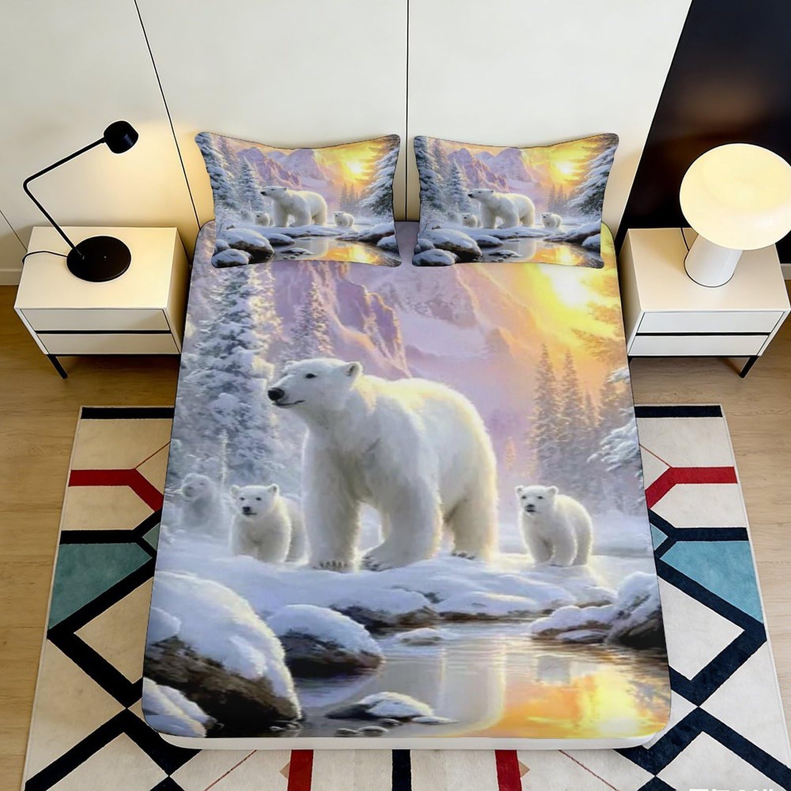 3D Printing Polar Bear Nature Fitted Sheet Microfiber Deep Pocket Bedroom Bedding Arctic Mattress Fitted Cover Washable for Adults 200x200x25cm
