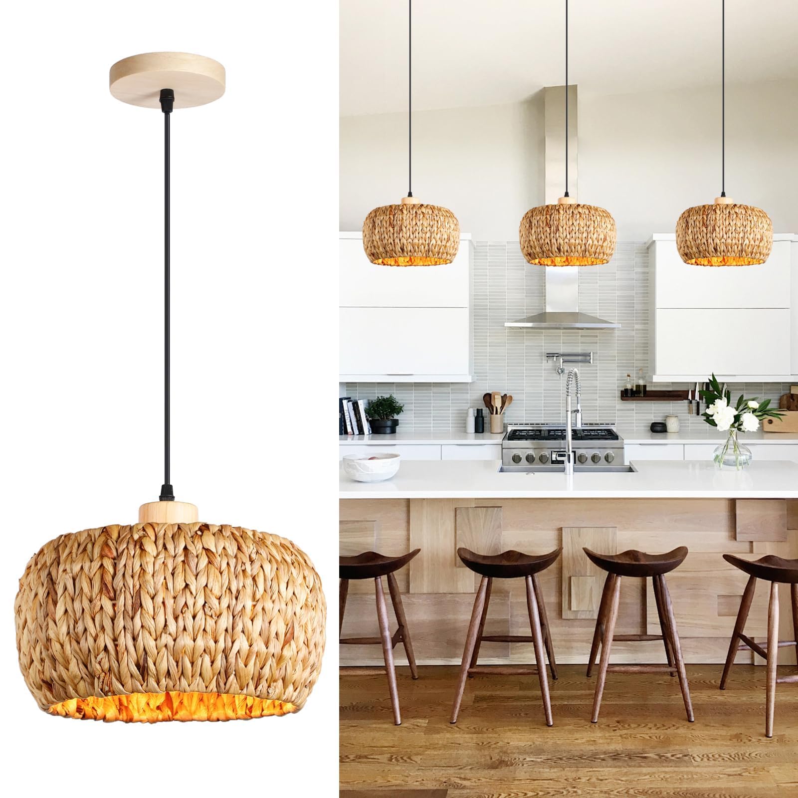 Lamparas De Techo Salon 30Cm,Jacinto De Agua Lampara De Techo Para Cocina Tejido A Mano Decoracion Casa De Campo E27 Boho Lampara Techo Colgante Para Mesa Salon Dormitorio