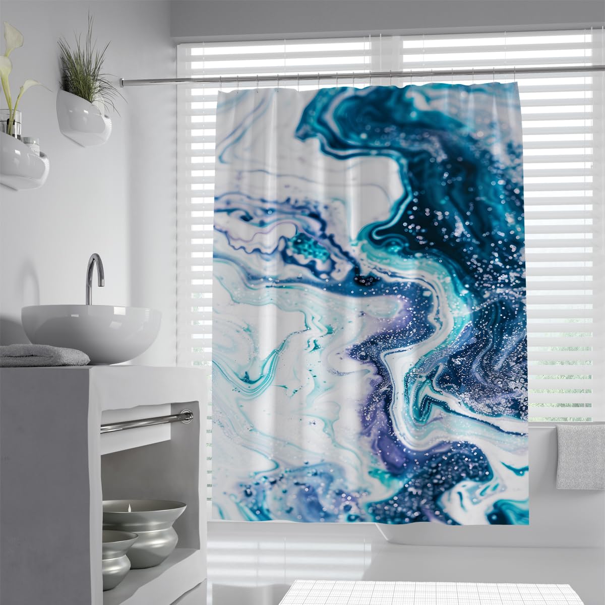 UIRINGART Modern Teal Blue Bathroom Screen W180xL200cm Luxury Ocean Wave Abstract Fluid Marble Fabric Shower Curtains Water Repellent Anti Mould Washable Polyester Bath Drapery with Hooks