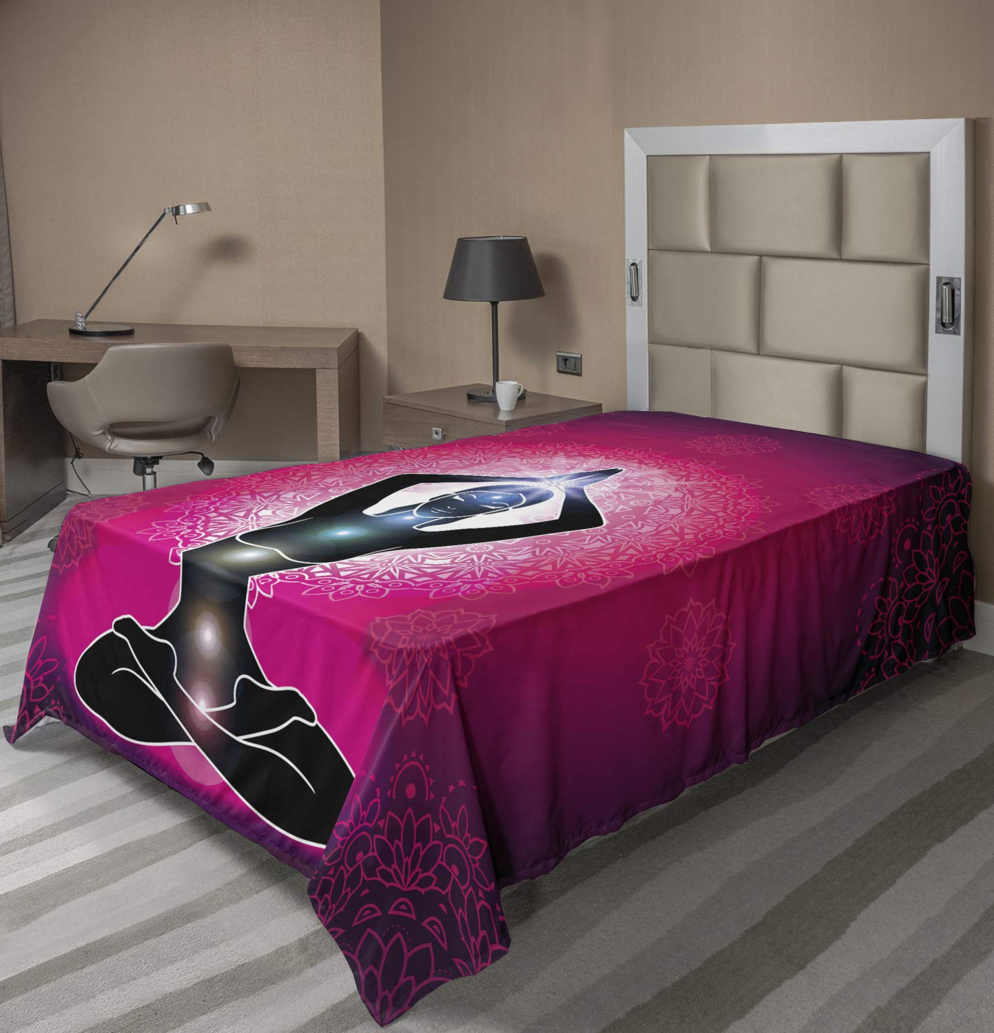 Ambesonne Colorful Flat Sheet, Maroon Silhouette of a Yoga Woman with Cores with Neon Featured Bohemian Design, Soft Comfortable Top Sheet Decorative Bedding 1 Piece, TwinXL Size, Pink Black