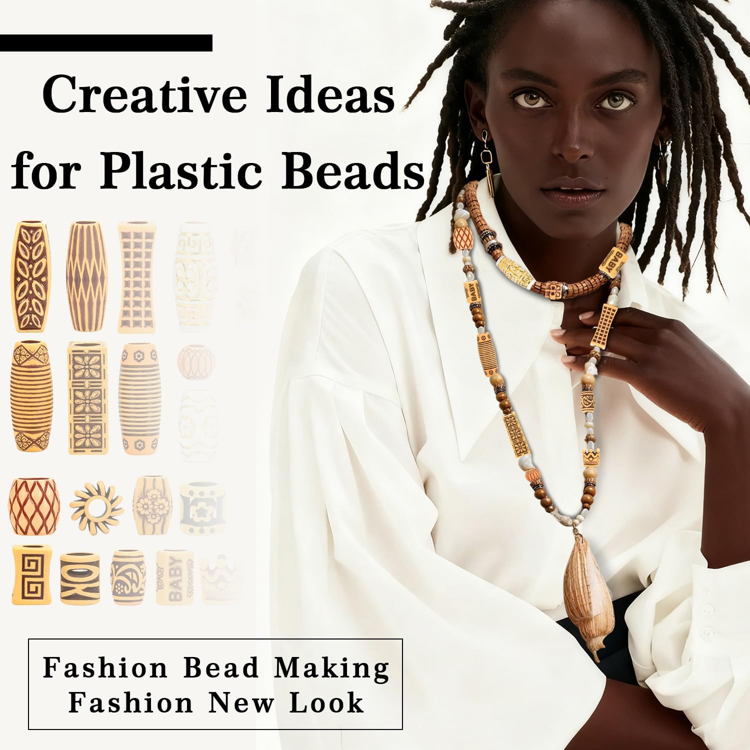 40pcs Plastic Hair Beads for Braids, 20 Styles African Hair Dreadlock Beads Assorted Textures Loc Hair Jewelry Boho Plastic Faux Wood Tube for Women Men Dreadlock Accessories Necklace Bag DIY Crafts - Image 8