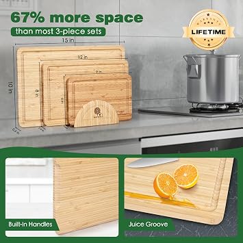 Bamboo Cutting Board Set with Holder, Cutting Board Set of 3 with Handle, Juice Groove, Chopping Board for Meat, Vegetables, Fruits