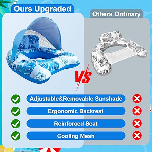 Miniatura 3 de AMENON Silla flotante XL para piscina, flotador de piscina para adultos con toldo ajustable de malla y asiento trasero, flotadores de piscina para