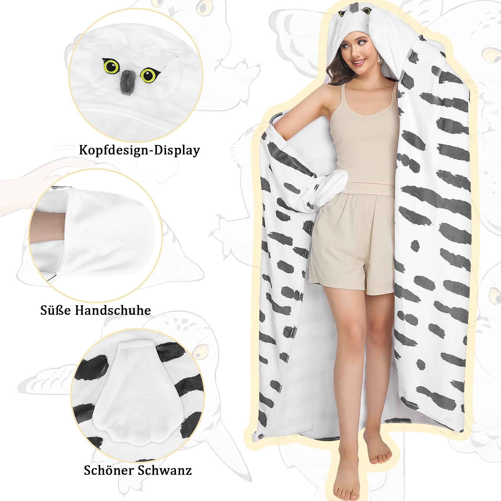 pewjury Coperta con maniche e cappuccio, con gufo di neve, con guanti, motivo animale, morbida coperta in flanella, per donne, bianco, 130x160cm
