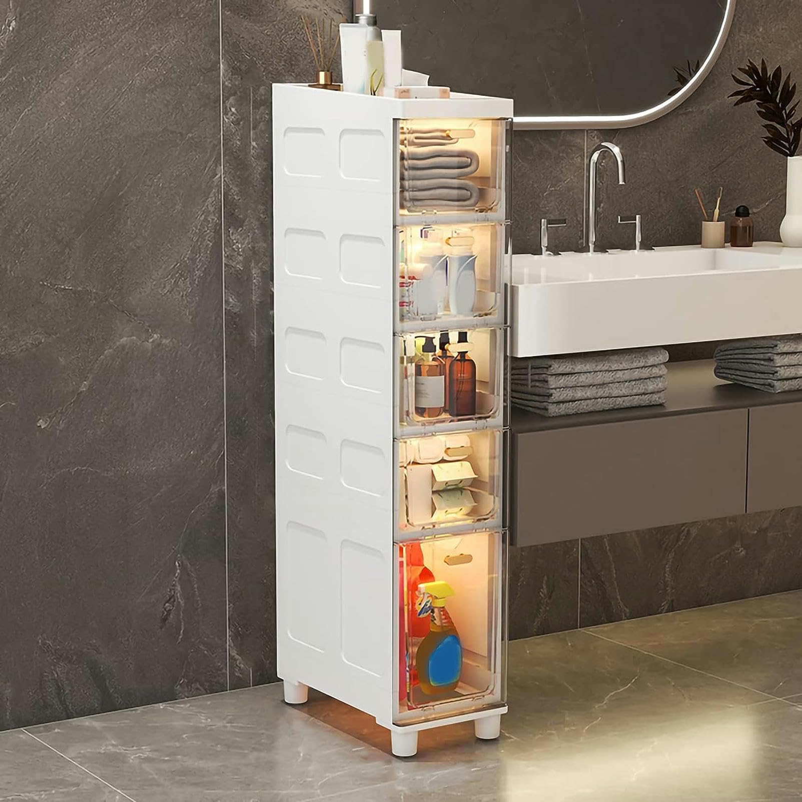 Gabinete de piso para baño con cajones de almacenamiento apilables Gabinete de baño Delgado de almacenamiento, Gabinete de almacenamiento de Papel higiénico Delgado de gr