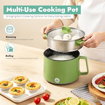 1.7L Versatile Electric Hot Pot with Steamer, Mini Electric Cooker (Green)