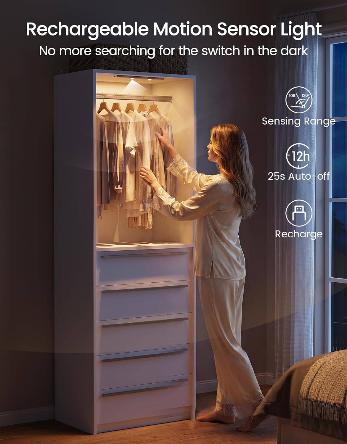 Closet System, Closet Organizer System with Rechargeable Motion Sensor Light Indoor, Walk in Closet Systems with 5 Drawers and Metal Hanging Rods, White