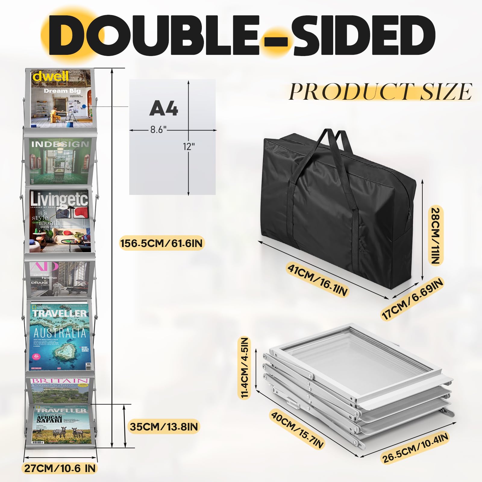 SUNDOY Faltbarer Prospektständer aus Aluminium mit 6 Taschen – tragbarer Zeitschriftenständer mit Tragetasche für Messen, Ausstellungen, Büro und Einzelhandel